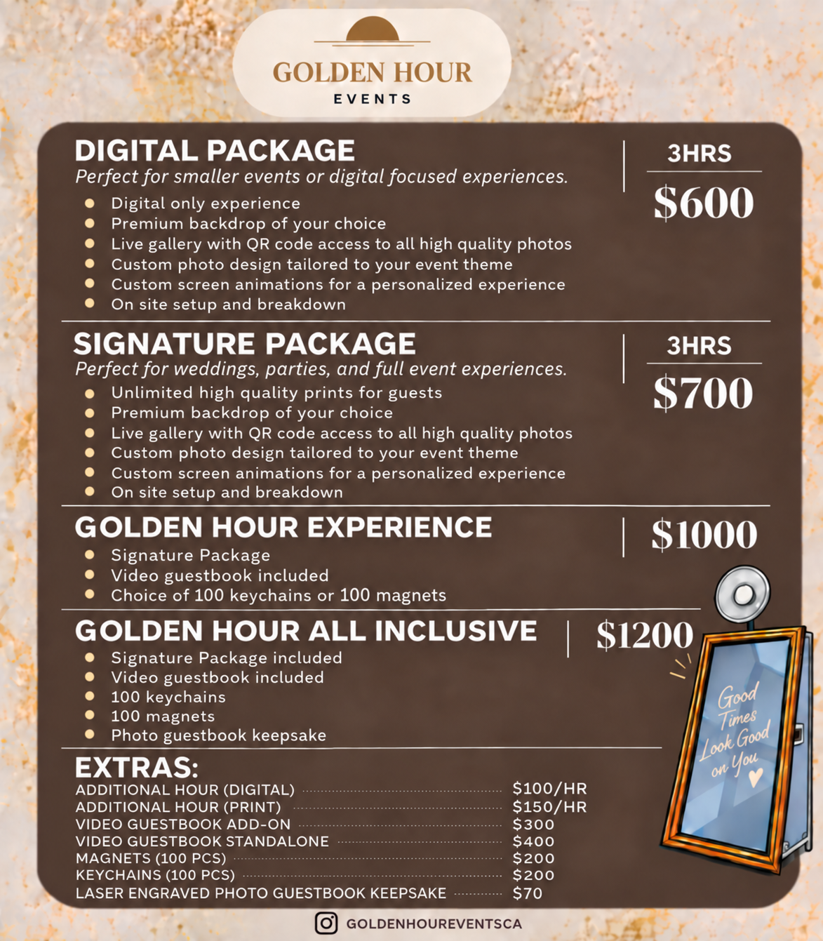 Golden Hour Events package price sheet with four package options and à la carte extras