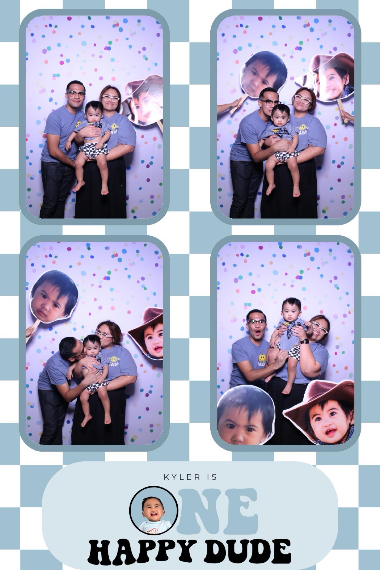 Light blue checkered first birthday photo booth overlay reading Kyler is One Happy Dude