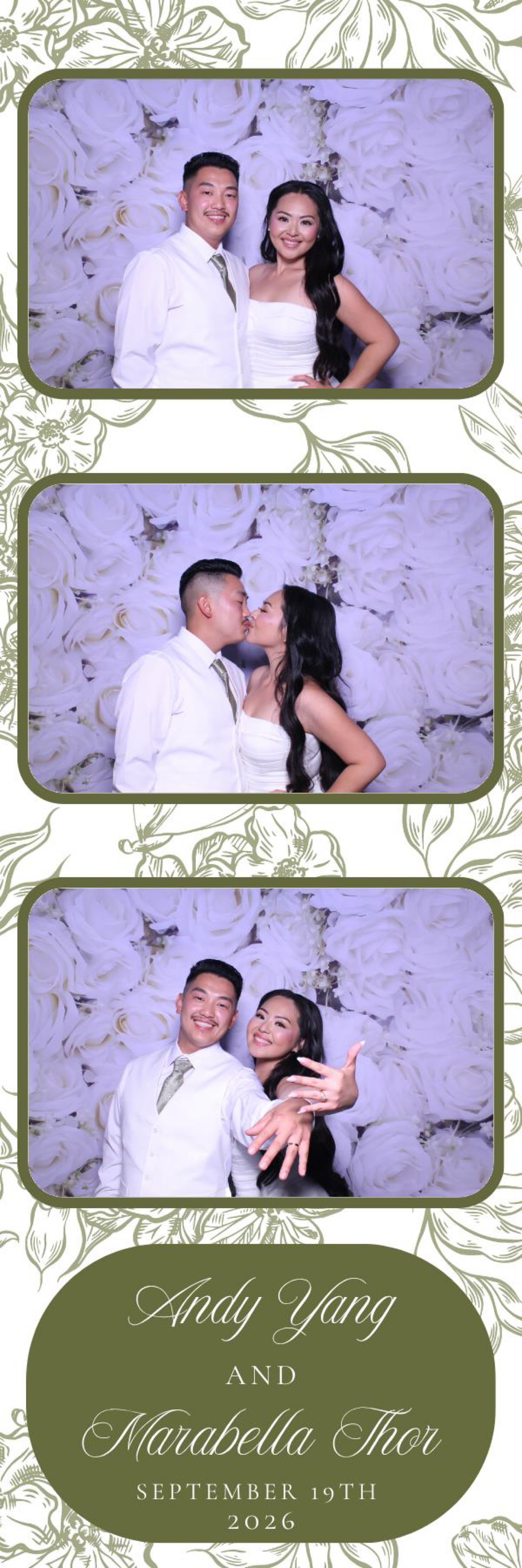 Sage green floral wedding photo booth overlay for Andy Yang and Marabella Thor