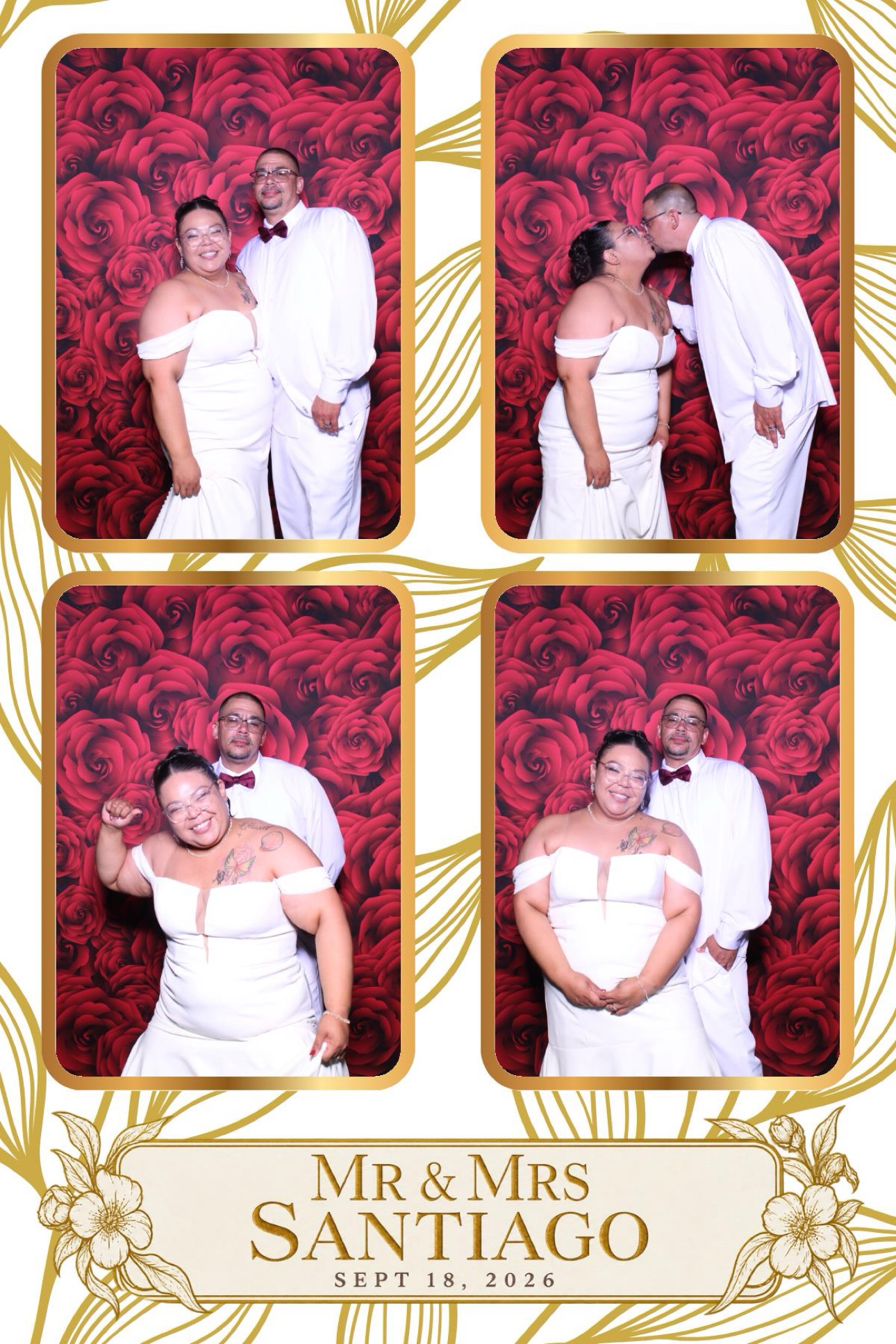 Red rose and gold wedding photo booth overlay for Mr and Mrs Santiago