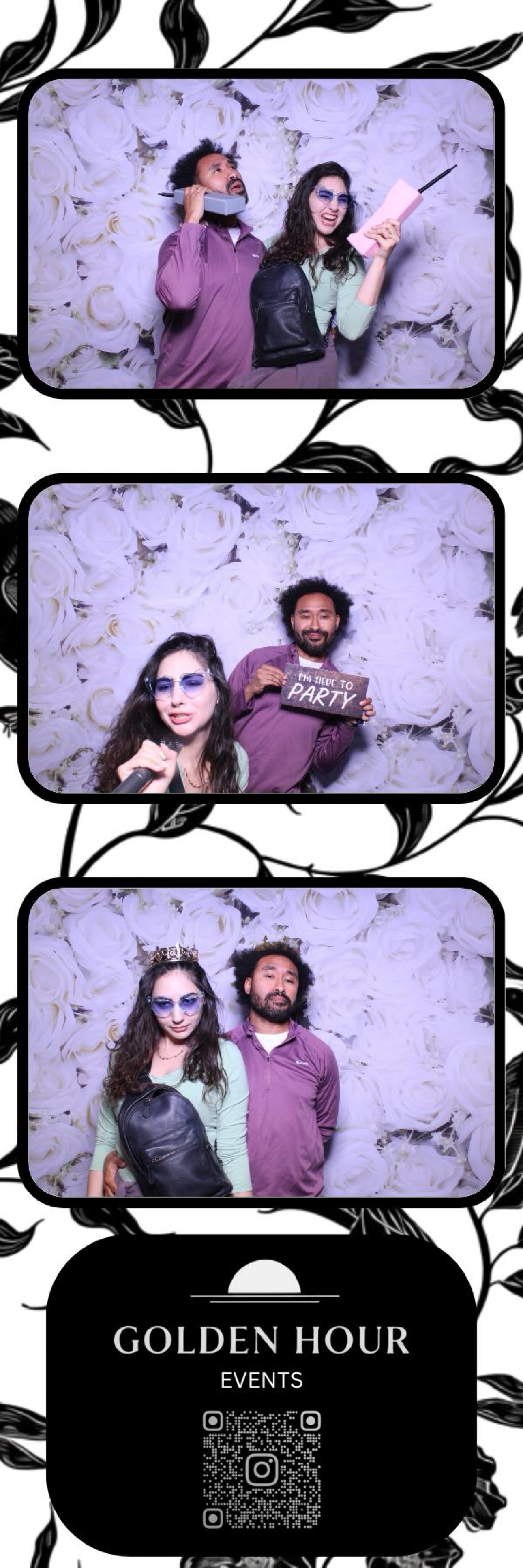Black and white floral photo booth overlay with Golden Hour Events branding